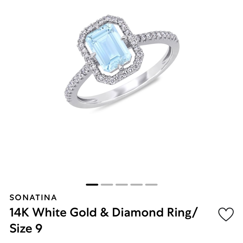 White Gold Aquamarine Ring w/ Diamond Halo and band - Picture 4 of 10